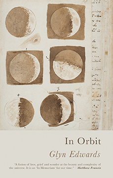 This cover shows a sepia-toned watercolour illustration by Galileo depicting the 6 phases of the moon. The text reads: In Orbit. Glyn Edwards.