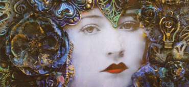 This cover shows a collage image of a woman with pale skin and red lips, her head covered in intricate flowers. The text reads: Bloodlines. Sarah Wimbush.