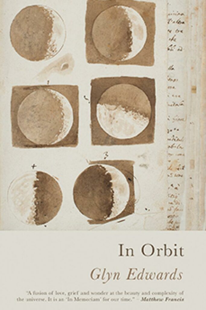 This cover shows a sepia-toned watercolour illustration by Galileo depicting the 6 phases of the moon. The text reads: In Orbit. Glyn Edwards.
