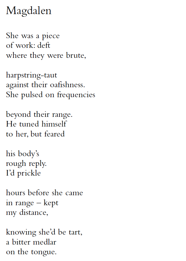 Magdalen
She was a piece
of work: deft
where they were brute,
harpstring-taut
against their oafishness.
She pulsed on frequencies
beyond their range.
He tuned himself
to her, but feared
his body’s
rough reply.
I’d prickle
hours before she came
in range – kept
my distance,
knowing she’d be tart,
a bitter medlar
on the tongue.
