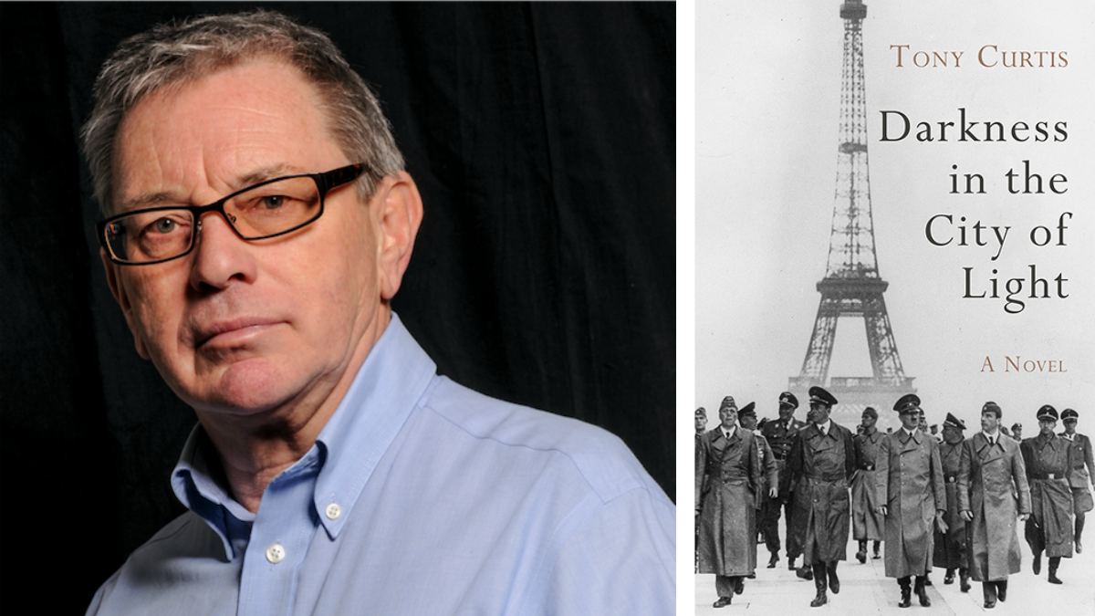 Photo of Tony Curtis alongside an image of the cover for Darkness in the City of Light