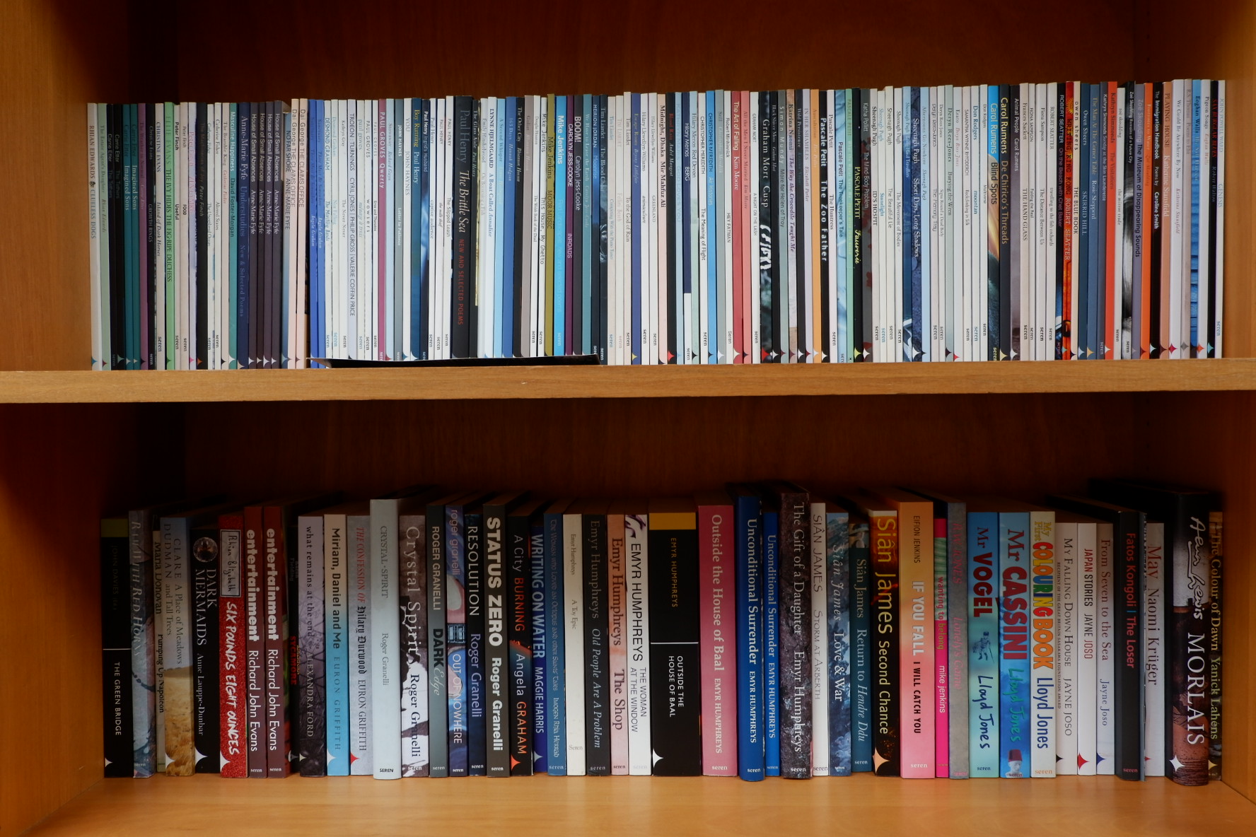 Shelves stacked with Seren books