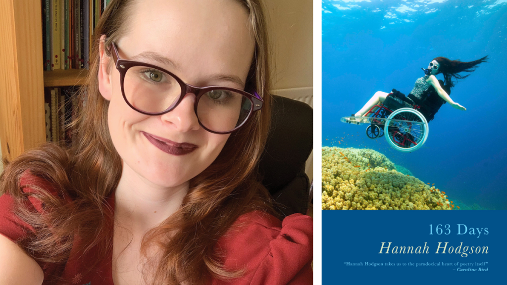 Left Hannah Hodgson, a white woman with long brown hair and wearing glasses. Right the cover of her book 163 Days.