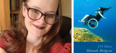 Left Hannah Hodgson, a white woman with long brown hair and wearing glasses. Right the cover of her book 163 Days.
