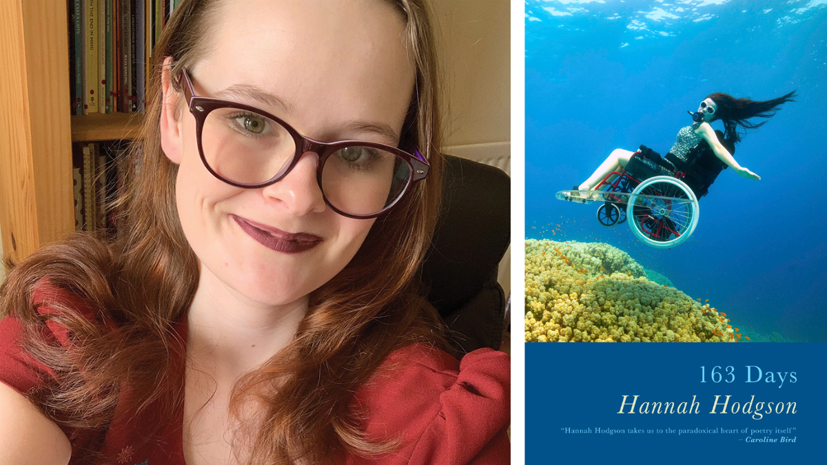 Left Hannah Hodgson, a white woman with long brown hair and wearing glasses. Right the cover of her book 163 Days.