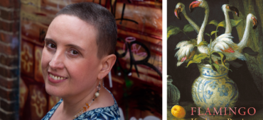 Left: Kathryn Bevis, a white woman with close shaved hair. She is turned away and is looking towards the camera over her shoulder. Right: The cover of her book Flamingo