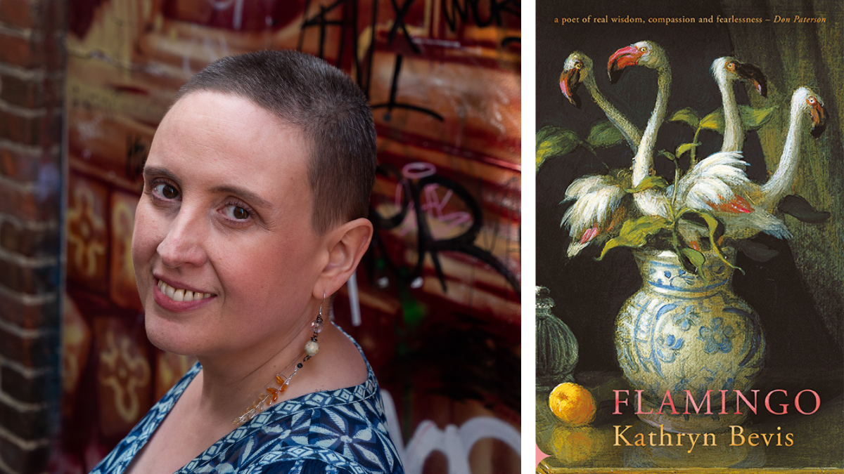 Left: Kathryn Bevis, a white woman with close shaved hair. She is turned away and is looking towards the camera over her shoulder. Right: The cover of her book Flamingo