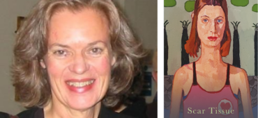 Clare Morgan is a white woman with shoulder length fair hair. She is smiling at the camera. This cover shows a painting of a woman with short red hair looking out towards the viewer. She is wearing a pink tank top with a heart patch place over the left of her chest. The text reads: Scar Tissue. Clare Morgan.