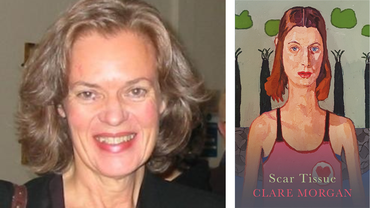 Clare Morgan is a white woman with shoulder length fair hair. She is smiling at the camera. This cover shows a painting of a woman with short red hair looking out towards the viewer. She is wearing a pink tank top with a heart patch place over the left of her chest. The text reads: Scar Tissue. Clare Morgan.