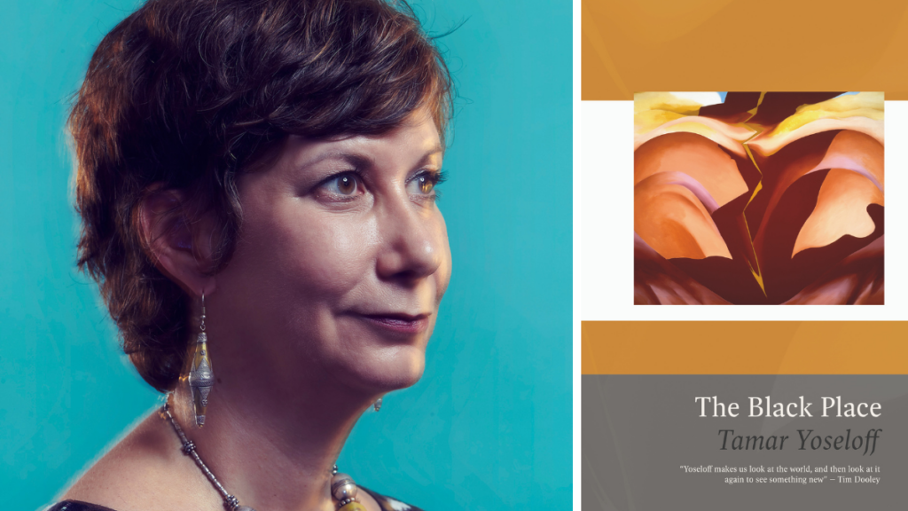 Left Tamar Yoseloff, a white woman with short dark hair. She is sitting in front of a bright blue background and is looking to the side. Right the cover of her book The Black Place