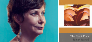 Left Tamar Yoseloff, a white woman with short dark hair. She is sitting in front of a bright blue background and is looking to the side. Right the cover of her book The Black Place
