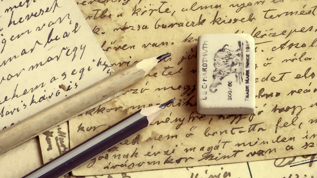Photo of papers covered in cursive handwriting laying in a pile with two pencils and a rubber on top