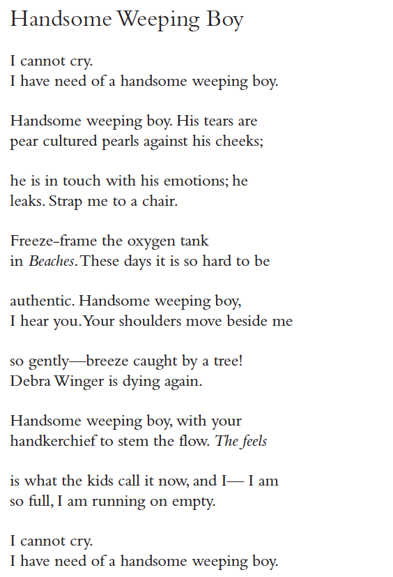 Handsome Weeping Boy
I cannot cry.
I have need of a handsome weeping boy.
Handsome weeping boy. His tears are
pear cultured pearls against his cheeks;
he is in touch with his emotions; he
leaks. Strap me to a chair.
Freeze-frame the oxygen tank
in Beaches. These days it is so hard to be
authentic. Handsome weeping boy,
I hear you. Your shoulders move beside me
so gently—breeze caught by a tree!
Debra Winger is dying again.
Handsome weeping boy, with your
handkerchief to stem the flow. The feels
is what the kids call it now, and I— I am
so full, I am running on empty.
I cannot cry.
I have need of a handsome weeping boy.