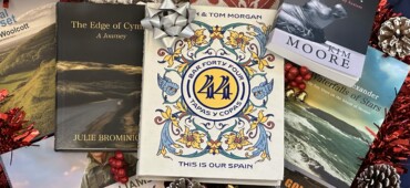 Photograph of lots of Seren non-fiction titles including Bar 44, The Edge of Cymru and Are You Judging Me Yet lying in a scattered pile surrounded by festive decorations.