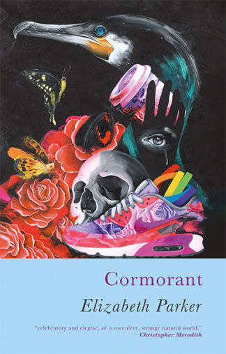 This cover shows a graphic painting of a black cormorant surrounded by unusual colourful objects like a vibrant trainer, skull and blooming roses. The text reads: Cormorant. Elizabeth Parker.