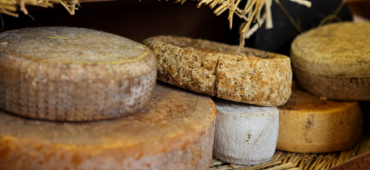 Wheels of cheese sitting on a larder shelf.