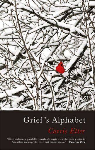 This cover depicts a drawing of snow-covered branches which overlap. There is a bright red cardinal one a single branch. The text reads: Grief's Alphabet by Carrie Etter.
