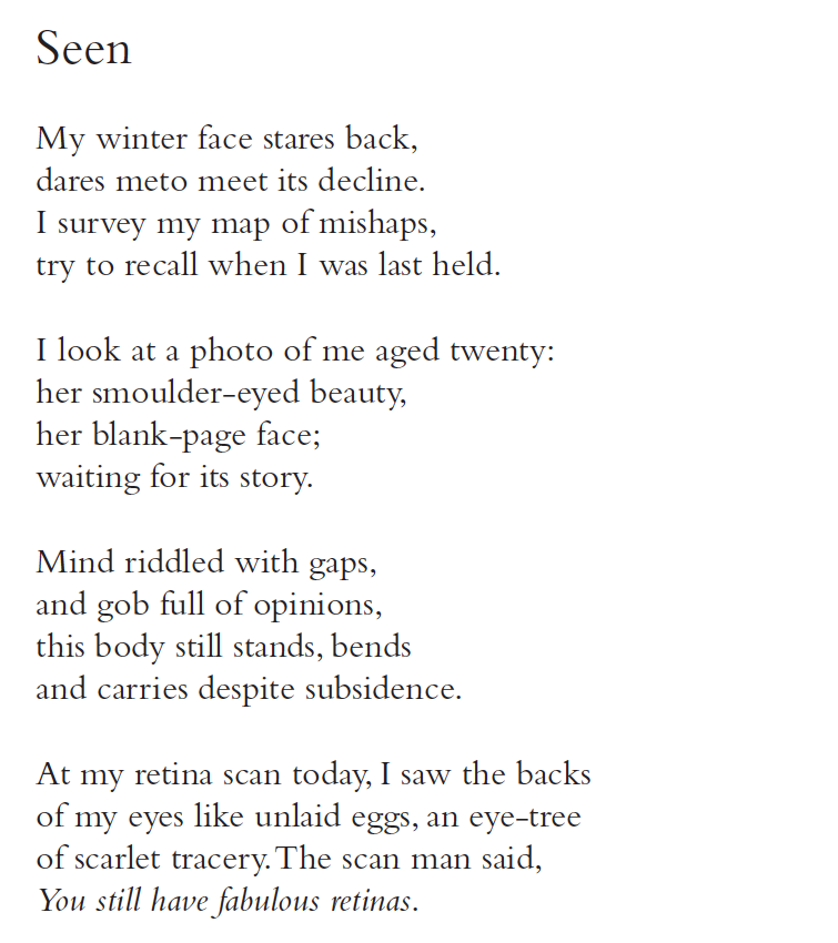Seen
My winter face stares back,
dares meto meet its decline.
I survey my map of mishaps,
try to recall when I was last held.
I look at a photo of me aged twenty:
her smoulder-eyed beauty,
her blank-page face;
waiting for its story.
Mind riddled with gaps,
and gob full of opinions,
this body still stands, bends
and carries despite subsidence.
At my retina scan today, I saw the backs
of my eyes like unlaid eggs, an eye-tree
of scarlet tracery. The scan man said,
You still have fabulous retinas.