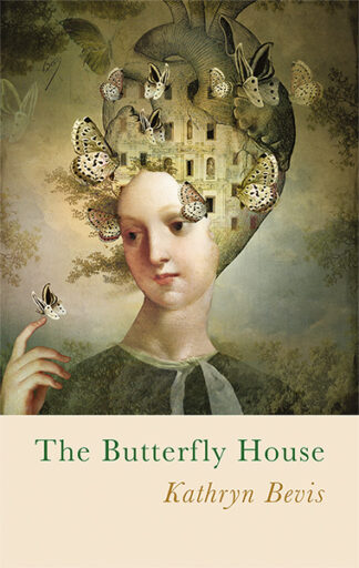 This cover shows a renaissance style painting of a woman looking at a butterfly perched on her finger. In place of a wig, her hair takes the shape of a human heart overlayed with tiny doors which attract a multitude of butterflies. The text reads: The Butterfly House, Kathryn Bevis.