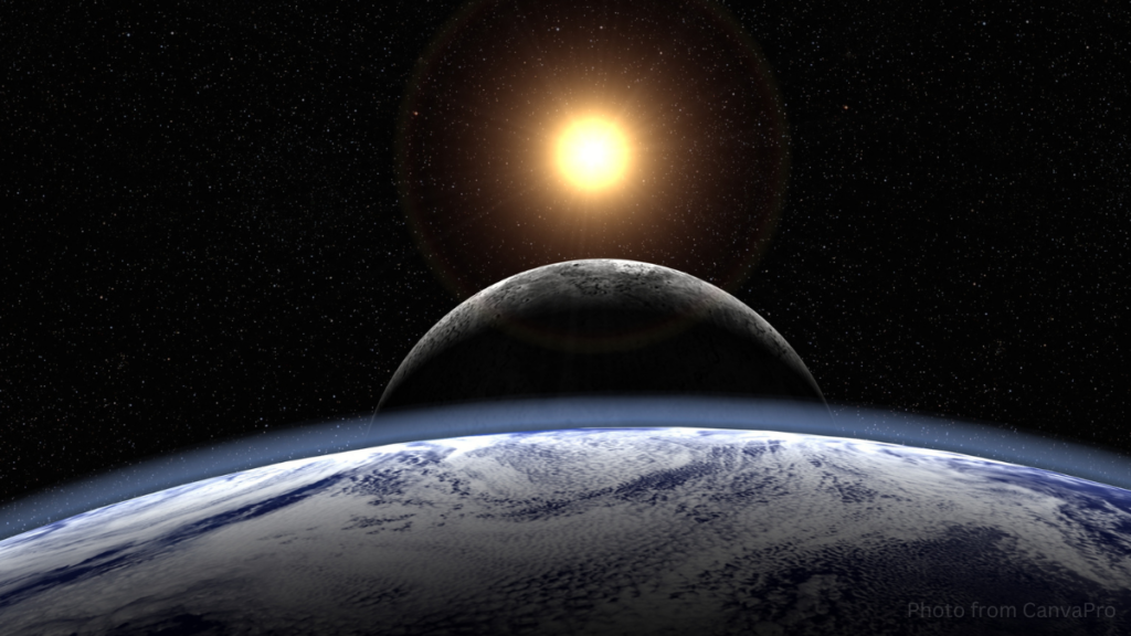 View of the sun and moon seen over the curvature of the earth
