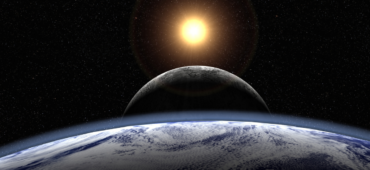 View of the sun and moon seen over the curvature of the earth