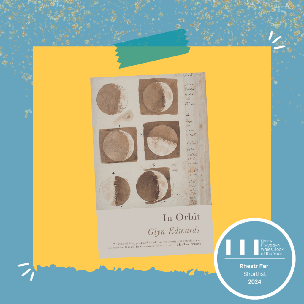 Cover of In Orbit by Glyn Edwards shown with a sticker reading Shortlist 2024.