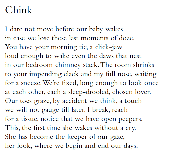 Chink
I dare not move before our baby wakes
in case we lose these last moments of doze.
You have your morning tic, a click-jaw
loud enough to wake even the daws that nest
in our bedroom chimney stack. The room shrinks
to your impending clack and my full nose, waiting
for a sneeze. We’re fixed, long enough to look once
at each other, each a sleep-drooled, chosen lover.
Our toes graze, by accident we think, a touch
we will not gauge till later. I break, reach
for a tissue, notice that we have open peepers.
This, the first time she wakes without a cry.
She has become the keeper of our gaze,
her look, where we begin and end our days.
