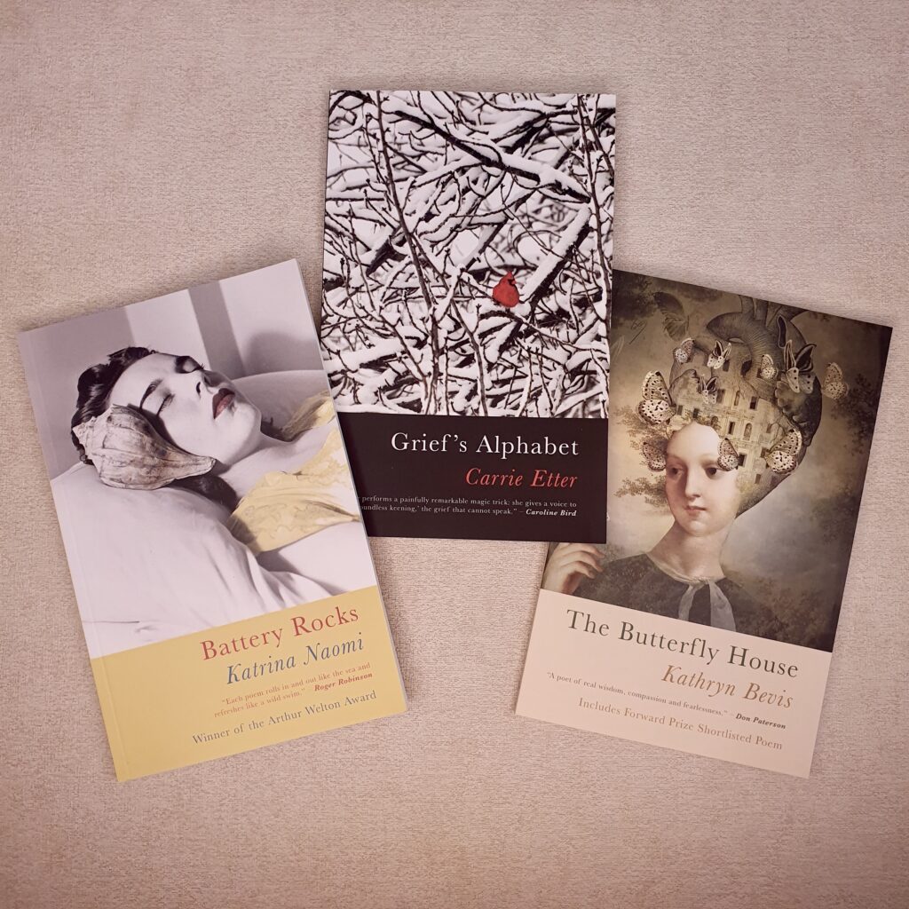 Flat lay picture of Battery Rocks, Grief's Alphabet and The Butterfly House
