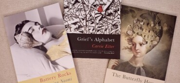 Flat lay picture of Battery Rocks, Grief's Alphabet and The Butterfly House