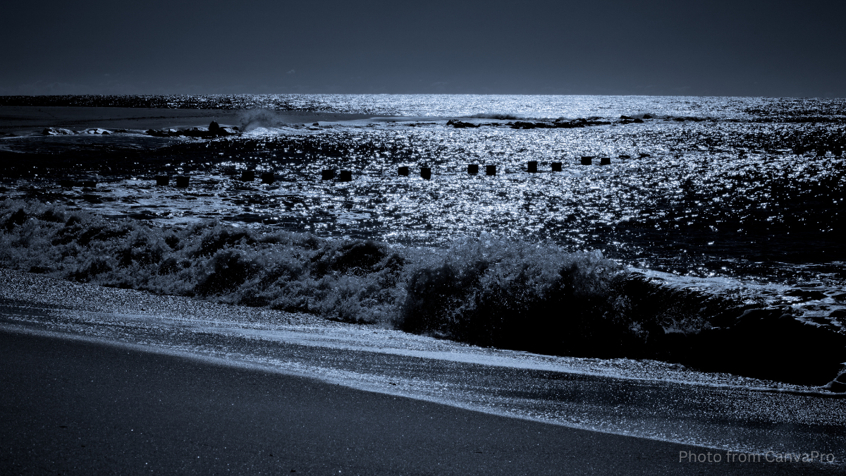 Dark photo of waves rolling into the shore a night time