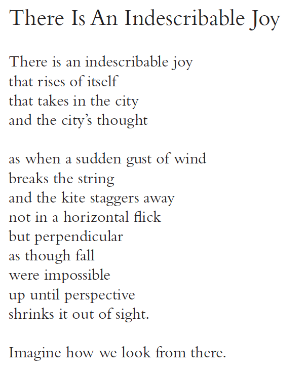 There Is An Indescribable Joy
There is an indescribable joy
that rises of itself
that takes in the city
and the city’s thought
as when a sudden gust of wind
breaks the string
and the kite staggers away
not in a horizontal flick
but perpendicular
as though fall
were impossible
up until perspective
shrinks it out of sight.
Imagine how we look from there.