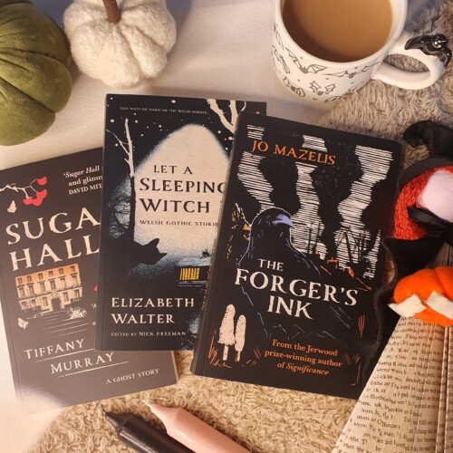 Sugar Hall, Let a Sleeping Witch Lie and The Forger's Ink laid out against an autumnal background