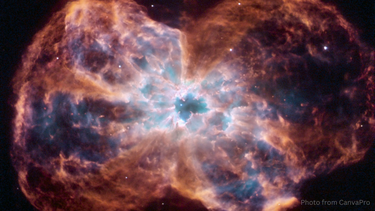 Image of a dying star in the middle of a swirling cloud of dust and light