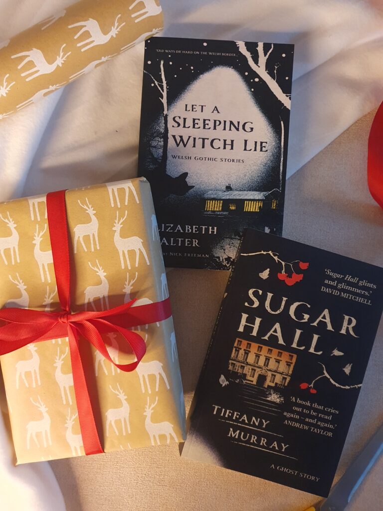 Photo of a present wrapped in craft paper with a red bow and alongside copies of Let a Sleeping Witch Lie and Sugar Hall