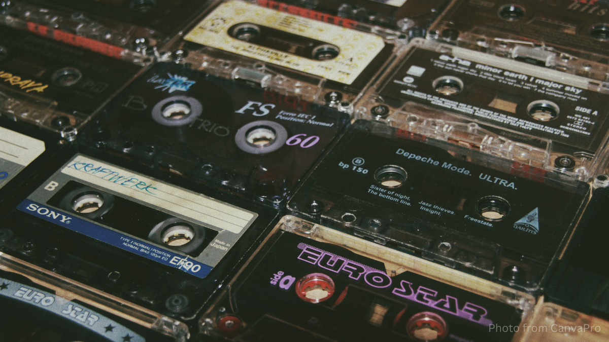 Close up photo of cassette tapes laid out on a table.