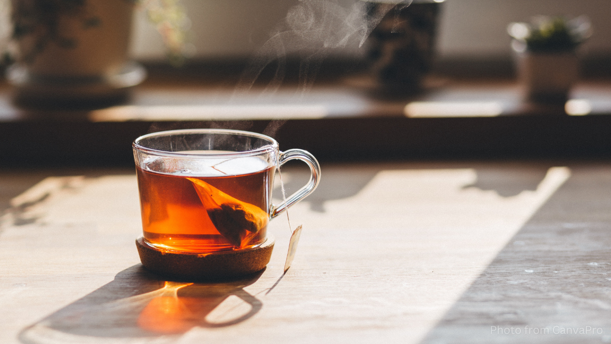 Photo of a steaming cup of tea in a glass mug in the sunlight