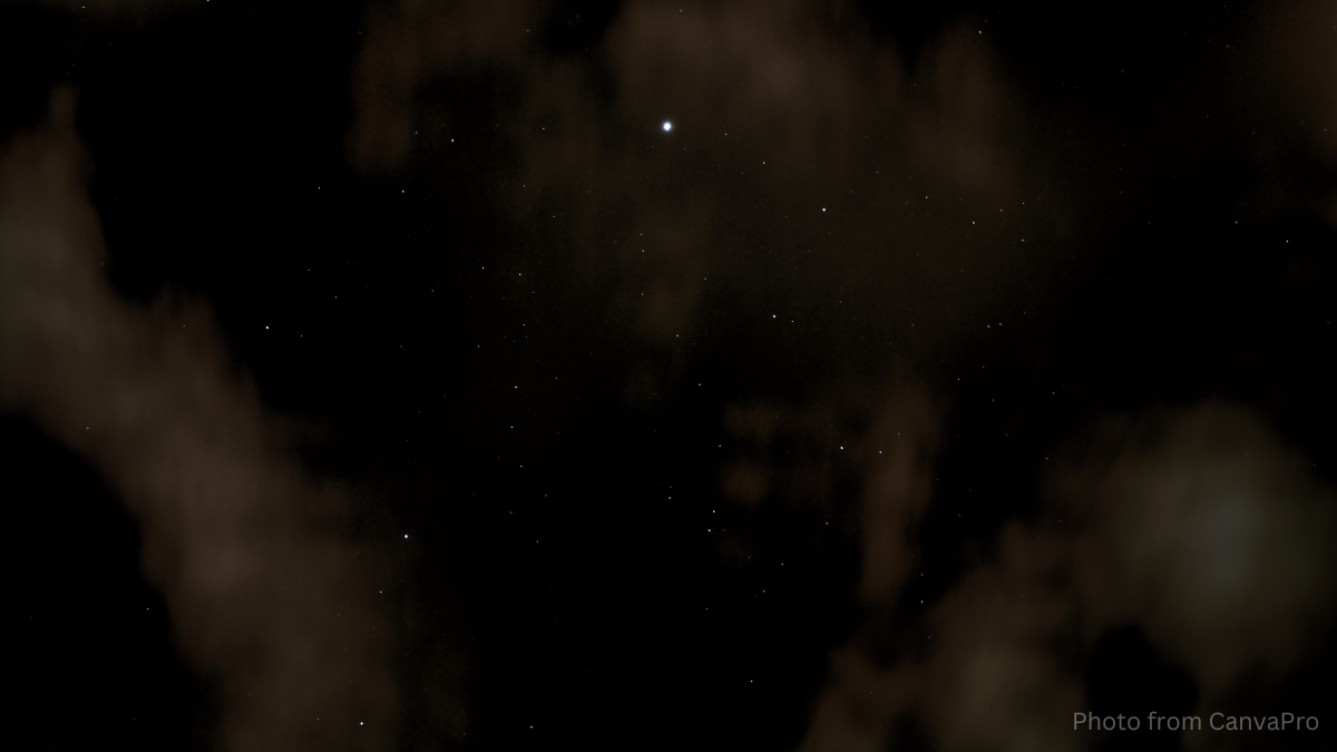 Photo of a dark sky with a few stars shining behind the clouds.
