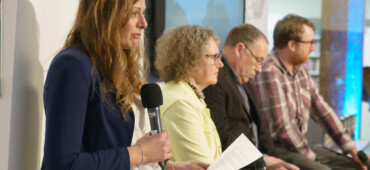 Bronwen Price introducing writers at the Murder on Ynys Mon book launch at Holyhead Library.