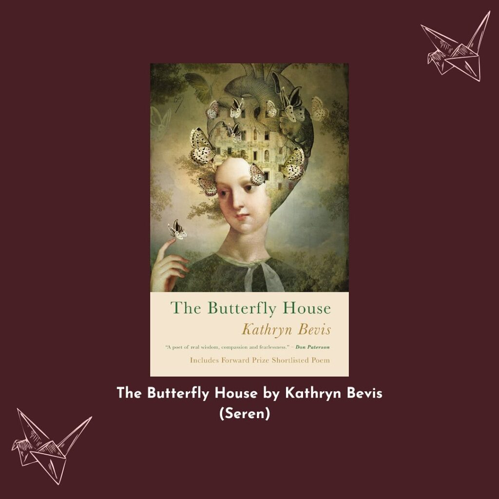 Graphic showing the cover of The Butterfly House against a dark maroon background