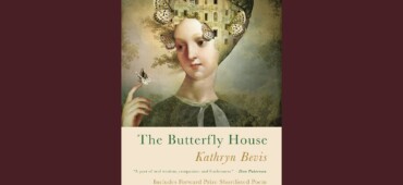 Graphic showing the cover of The Butterfly House against a dark maroon background