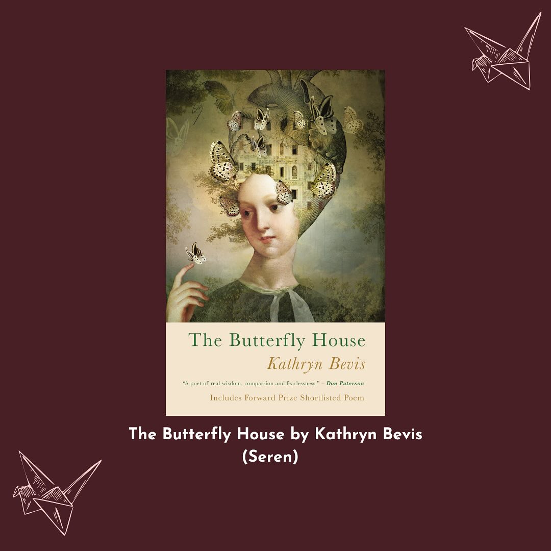 Graphic showing the cover of The Butterfly House against a dark maroon background