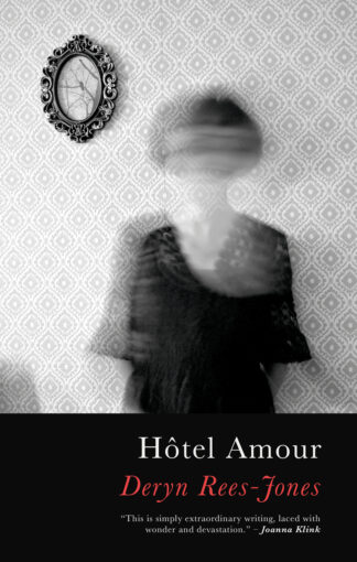 This cover shows a blurred image of a women in a 1920s style black dress standing in front of a patterned wall. The text reads: Hotel Amour. Deryn Rees-Jones