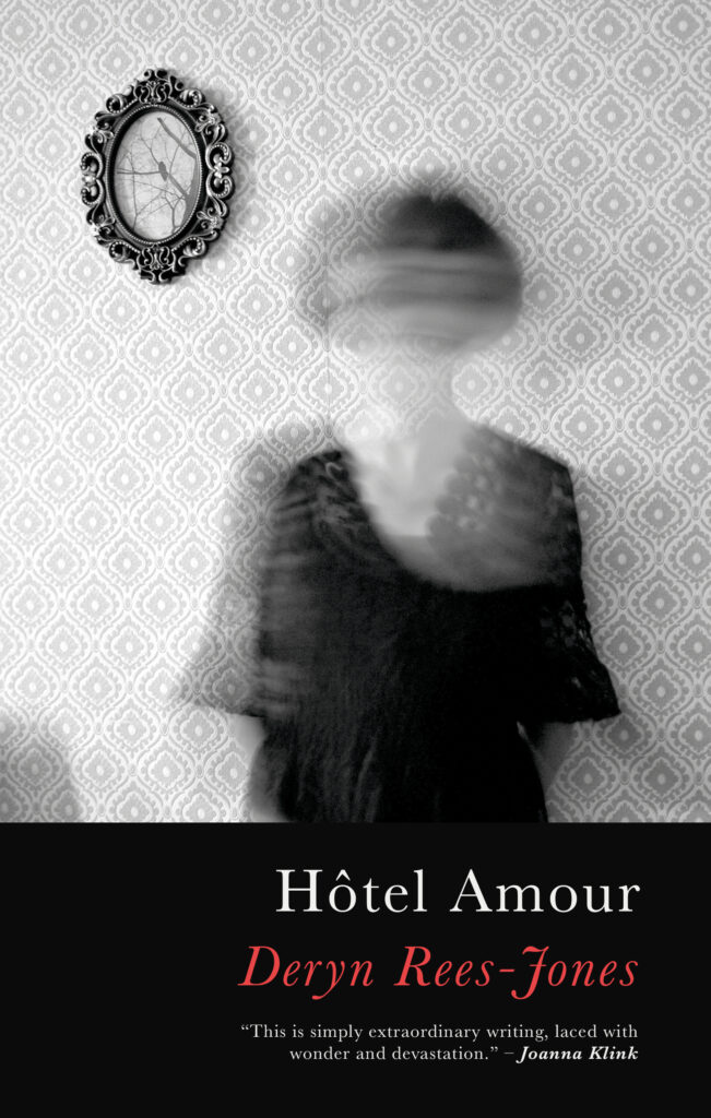 This cover shows a blurred image of a women in a 1920s style black dress standing in front of a patterned wall. The text reads: Hotel Amour. Deryn Rees-Jones