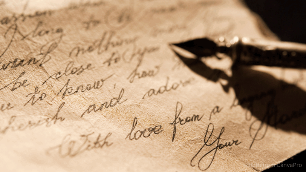 Close up picture of cursive writing on aged paper.