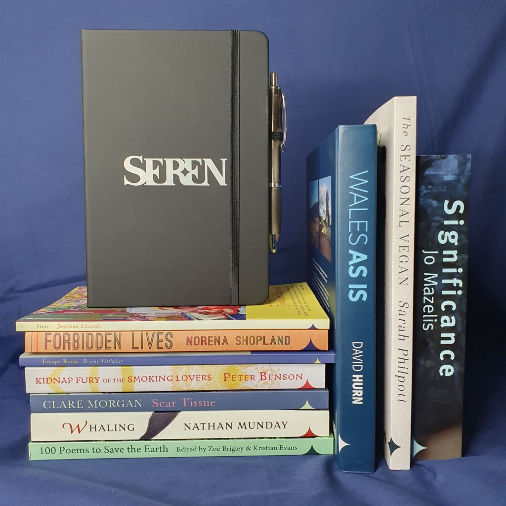 Photo of the 10 books in the prize draw bundle and one of our soft-touch notebooks