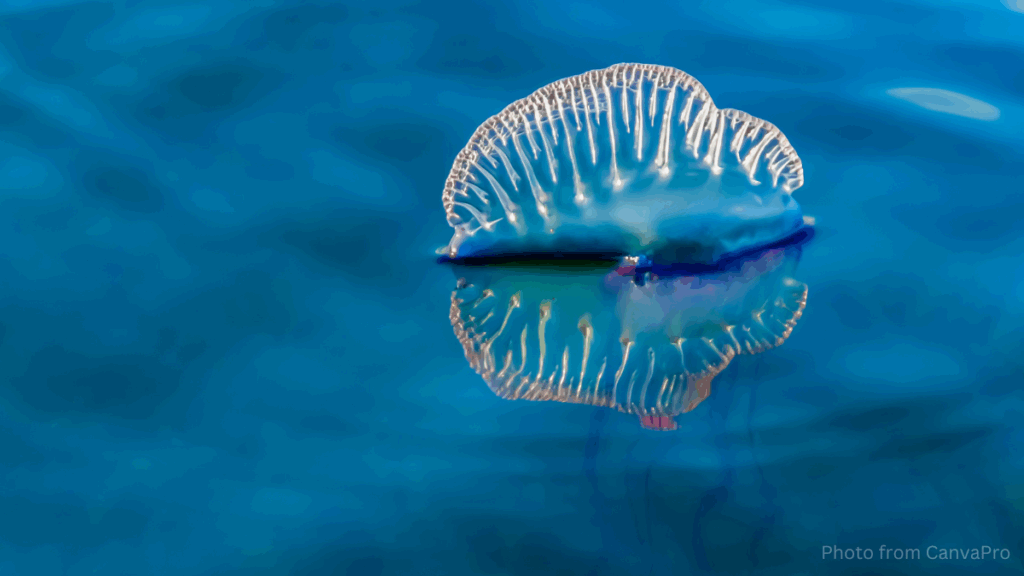 Photo of a Portuguese Man of War floating on a blue ocean.
