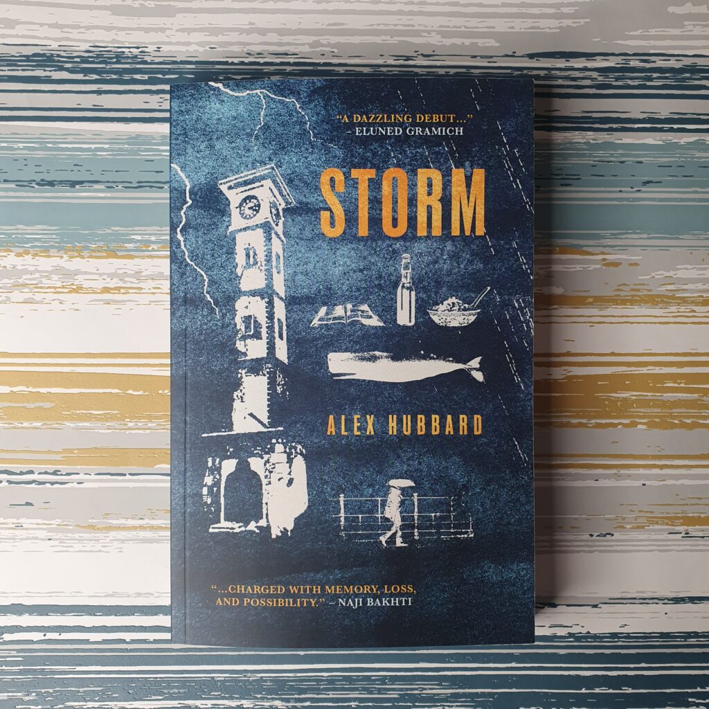 This cover shows the clock tower in Aberystwyth standing ominously tall in the midst of a violent storm. A young woman with an umbrella walks along the promenade. The text reads: Storm, Alex Hubbard.