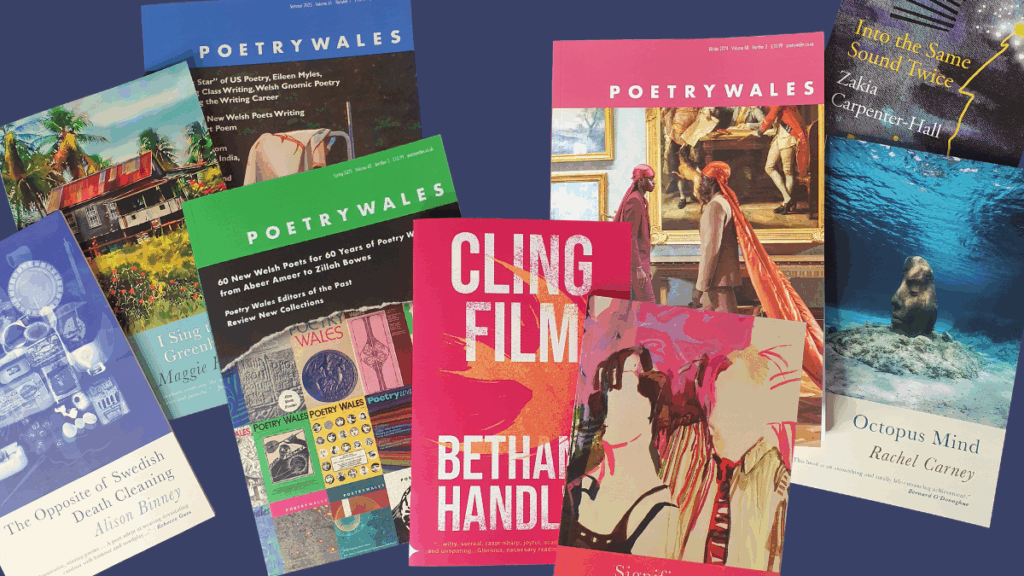 Photo showing issues of Poetry Wales alongside recent poetry books by Seren