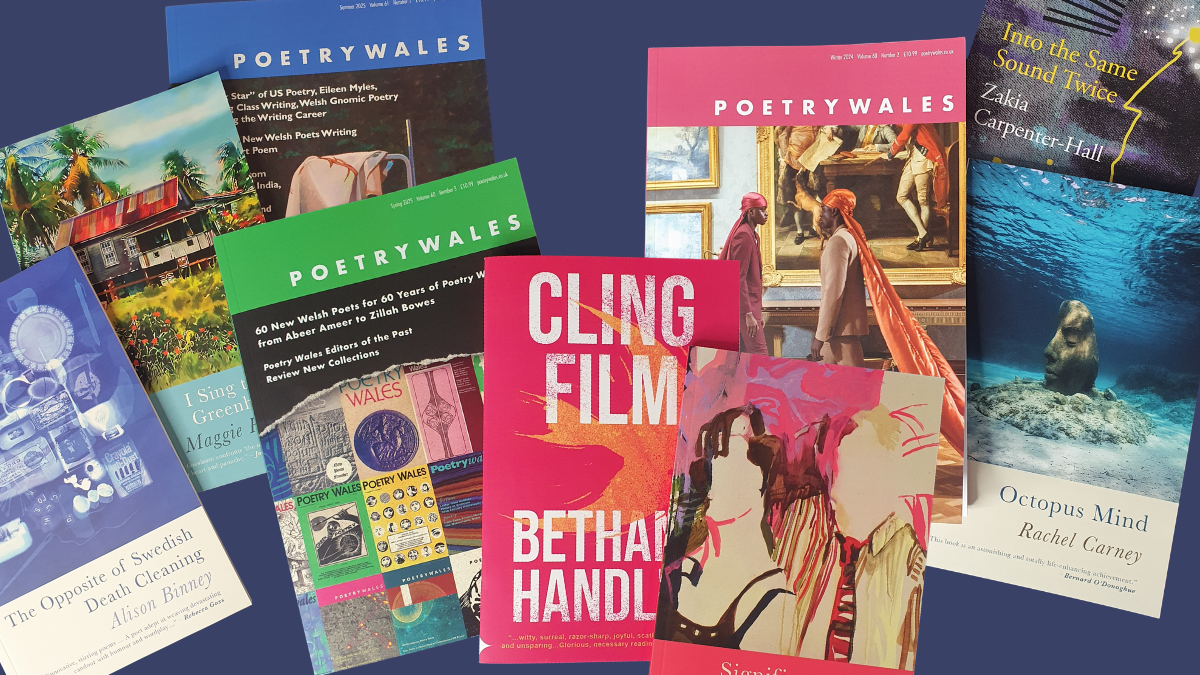 Photo showing issues of Poetry Wales alongside recent poetry books by Seren