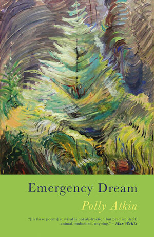 This cover shows a painting of a fir tree standing in the middle of a forest. The text reads: Emergency Dream, Polly Atkin